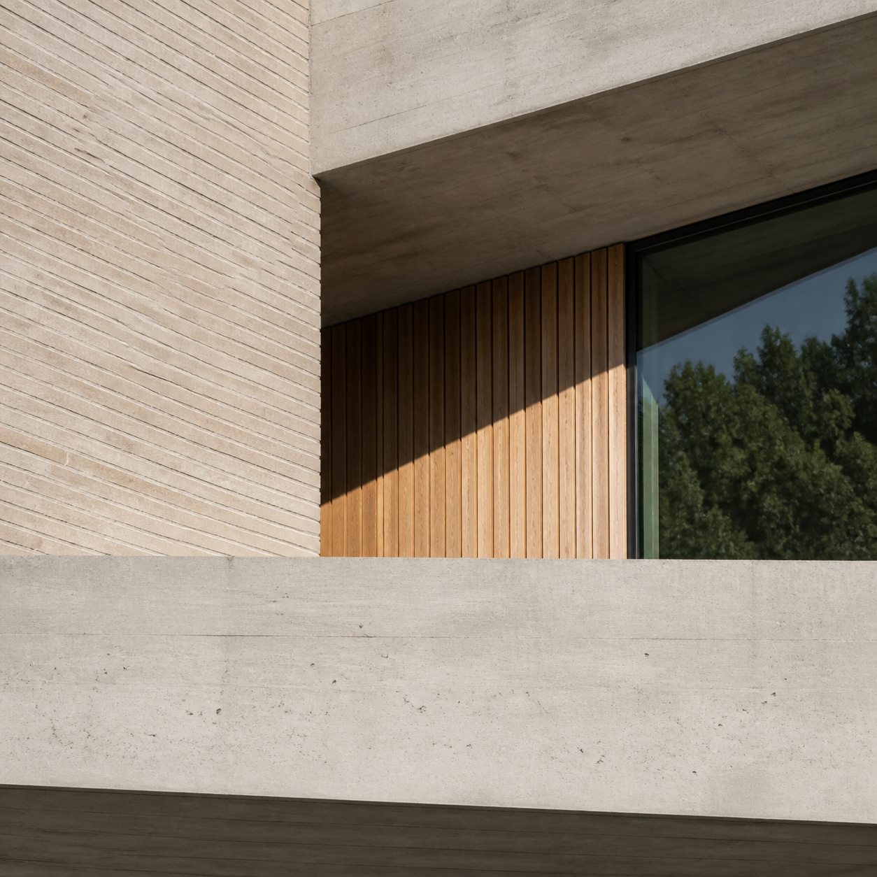 Detalje af tegl, træ, beton og glas i skandinavisk arkitektur